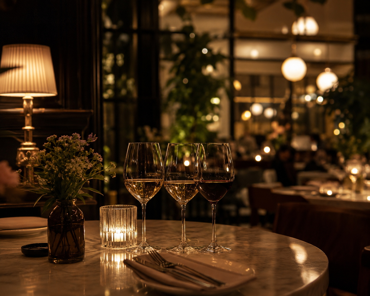 Vinglas på ett bord i en varmt upplyst restaurangmiljö